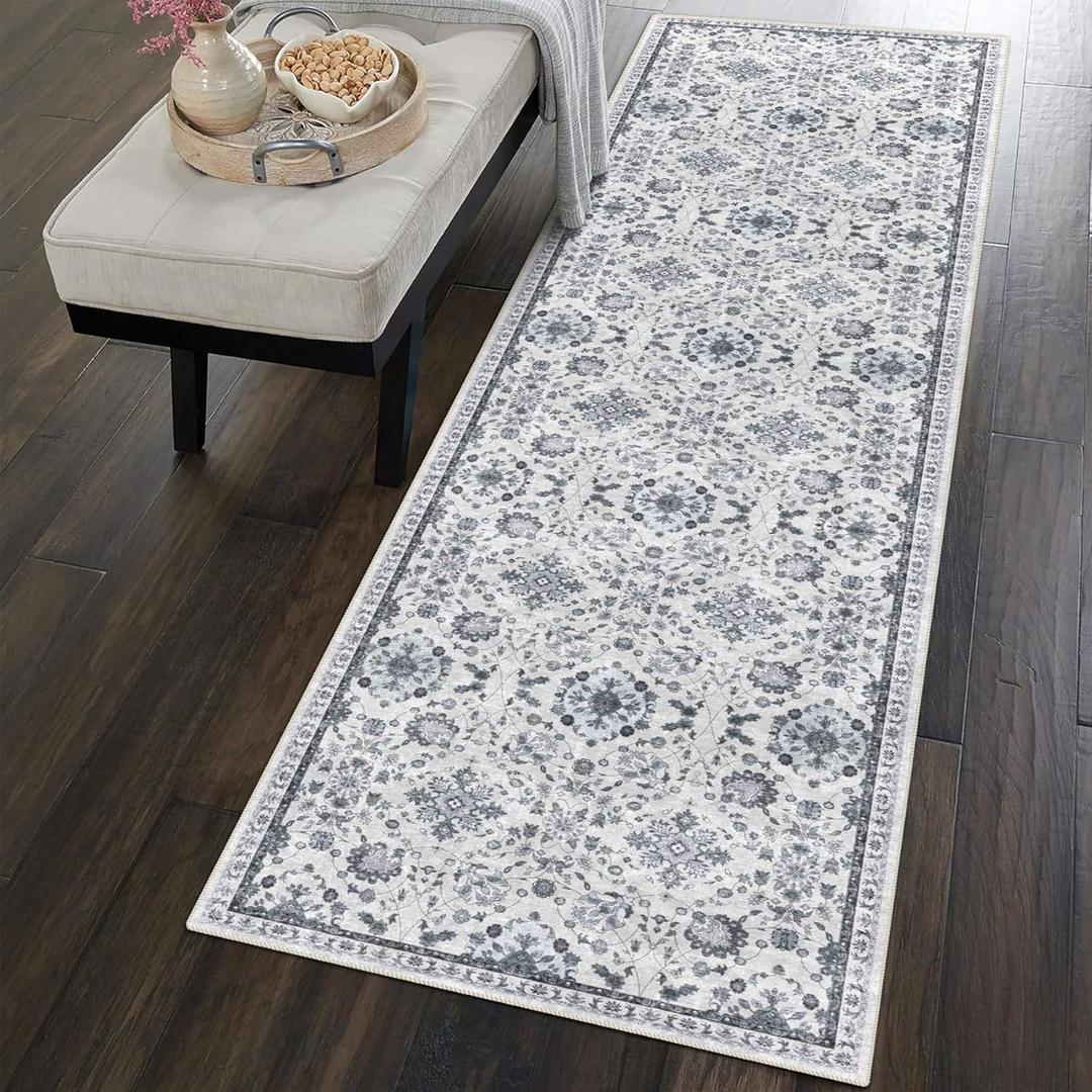 vivorug Machine Washable Runner Rug, 2' x 7', Entryway Rug Hallway Runner Rug, Floral Area Rug Vintage Inspired, Ivory/Blue