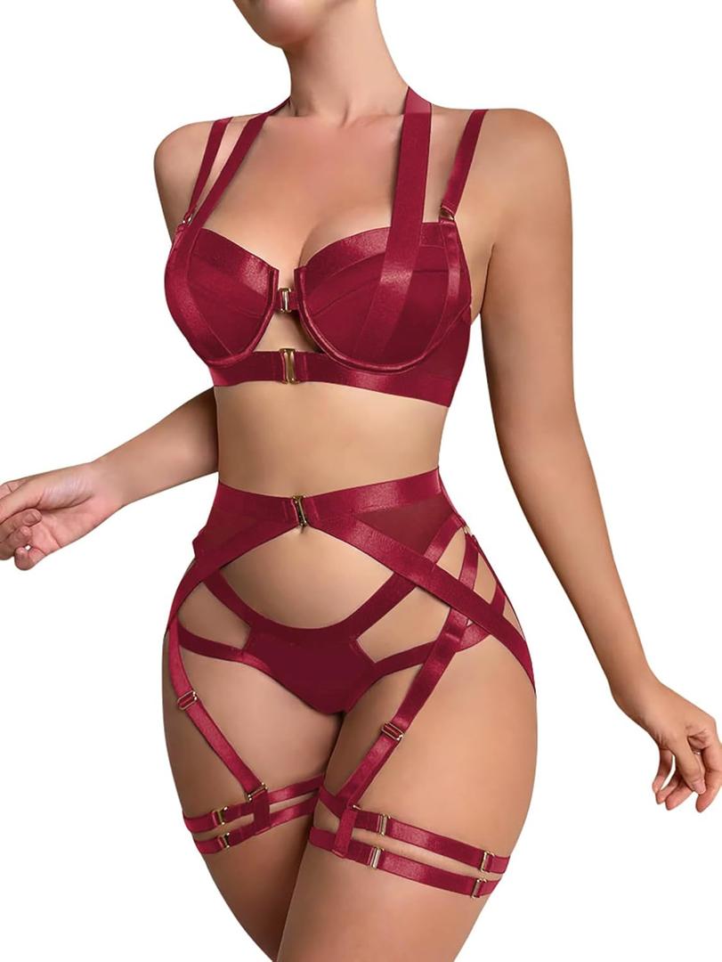 Lilosy Sexy Strappy Underwire Push Up Garter Belt Lingerie Set Harness Cutout Outfits Matching Bra Panty 3 Piece (Medium, Burgundy Red)