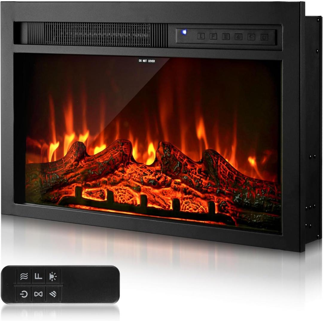 VEVOR Electric Fireplace Insert, 26 inch Recessed and Wall Mounted with Adjustable Flame Color Brightness & 8h Timer & Remote Control, Indoor Heater w/ 750W/1500W Dual Heating Modes, 5000BTU Black