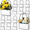 Teling 12 Pcs Paper Flower Gift Bags Graduation Bouquet Bags with Handle Waterproof Empty for Flowers Rectangle Floral Arrangements Packaging for Weddings Mother's Day Party Favor(Black-White)