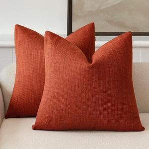 Foindtower Set of 2 Decorative Textured Burlap Linen Throw Pillow Covers Farmhouse Boho Cushion Cover Solid Accent Pillowcase for Couch Sofa Bed Living Room Home Decor,18×18 Inch,Fall Orange Hazel