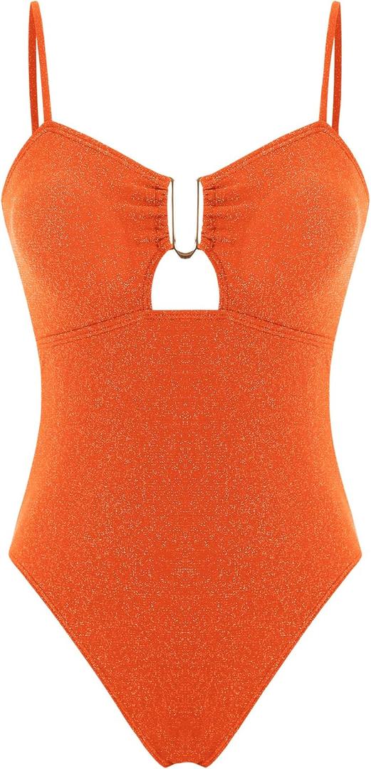 ZAFUL Women's One Piece Swimsuit Metallic Shiny Metal U-Wire Bathing Suit Sparkly Cut Out Tie Back Glitter High Cut Swimwear (Large, Orange)