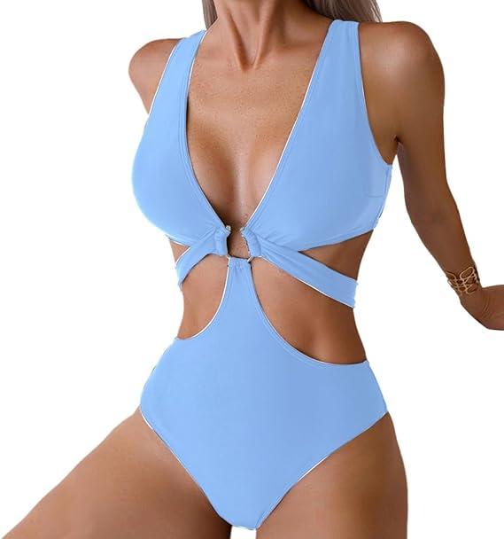 Favnac Women's Deep V Neck One Piece Swimsuit Sexy Cut Out Bathing Suit O-Ring Swimwear L