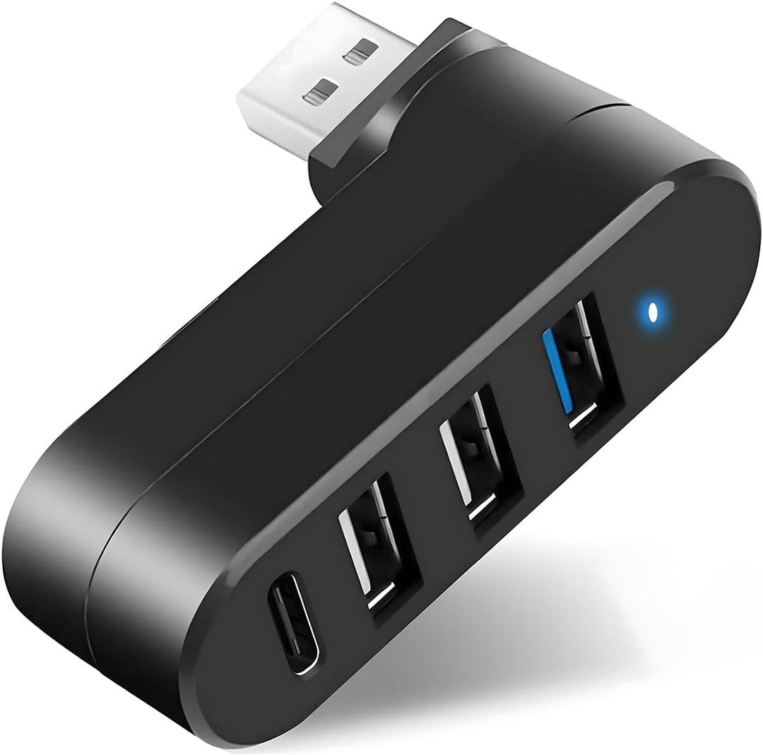4-Port USB 3.0 Hub [90/180 Rotatable], USB Splitter with 1 USB 3.0 Port, 2 USB 2.0 Ports, and 1 USB C Data Port, USB Extender for Laptops, Cars, Surface go, Mac, MacBook Air/Pro, and Other Devices