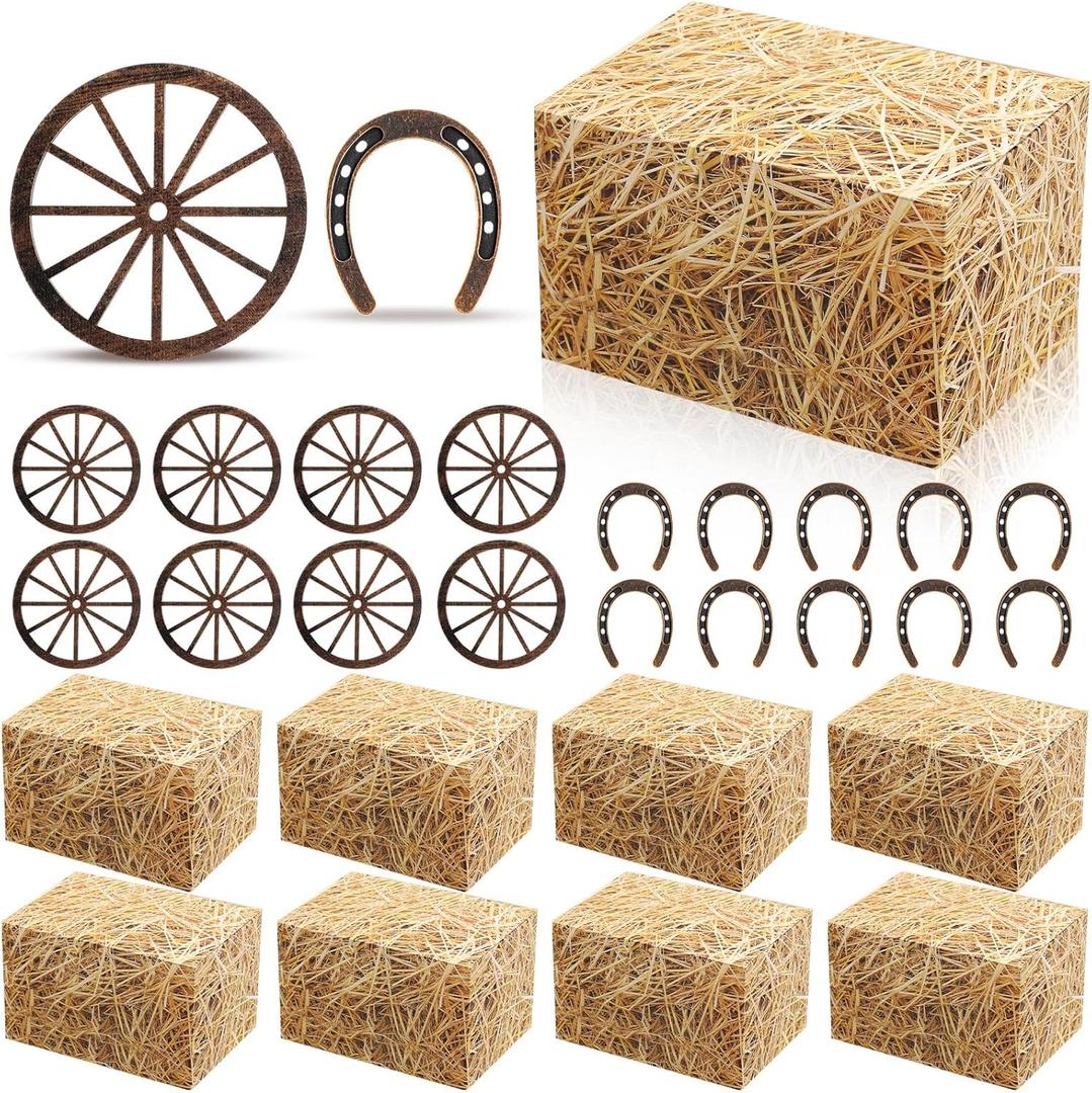 24 Pcs Western Cowboy Party Centerpieces Set 6 inch Straw Boxes Tables Decorations Horseshoe Wagon Wheel Decor Hay Bales Boxes Vintage Cowboy Theme Party Favors for Western Party Birthday