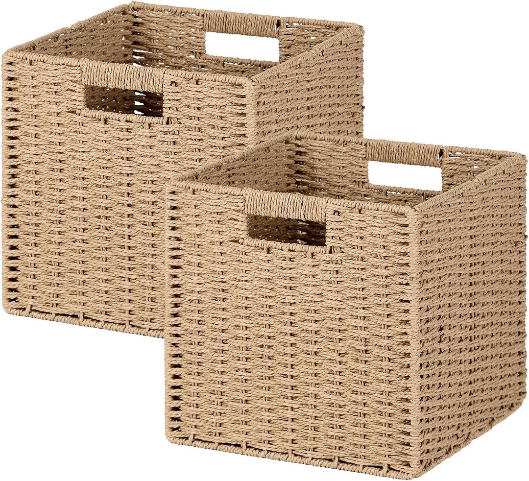 Woven Wicker Storage Baskets 2-Pack, 11x11 Handwoven Paper Rope Organizer Bins, Foldable Cube Storage Cubes with Built-in Handles for Shelves and Closet Organization (Natural Beige)