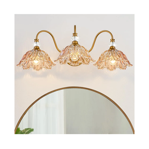 Vintage Bathroom Vanity Light, 3-Light Matte Brass Finish Vanity Light with Flower-Shaped Amber Glass Shades, Retro Wall Sconce for Bathroom, Dressing Table
