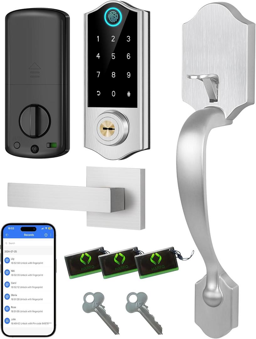Harfo Fingerprint Smart Door Lock for Front Door with Handle Set, App Control, Keyless Entry Keyless Deadbolt, Digital Electronic Touchscreen Keypad, Auto Lock, Satin Nickel