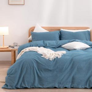 BESTOUCH Duvet Cover Set 100% Washed Cotton Linen Feel Super Soft Comfortable Chic Lightweight 3 PCs Home Bedding Set Solid Dark Blue Cal King (California King (104" x 98"))
