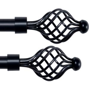 Deco Essential Set of 2 36 to 66 Inch Extendable Curtain Rod for Door & Windows Adjustable Heavy Duty Iron Telescopic Drapery Pole with Twisted Cage Swirl Finials (3/4 Diameter, Black Matt)