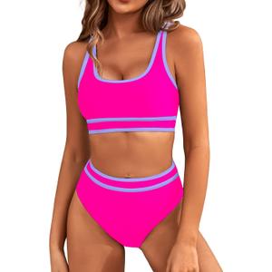 BMJL Women's High Waisted Bikini Sets Sporty Two Piece Swimsuits Color Block Cheeky High Cut Bathing Suits (Large, Hot Pink011)
