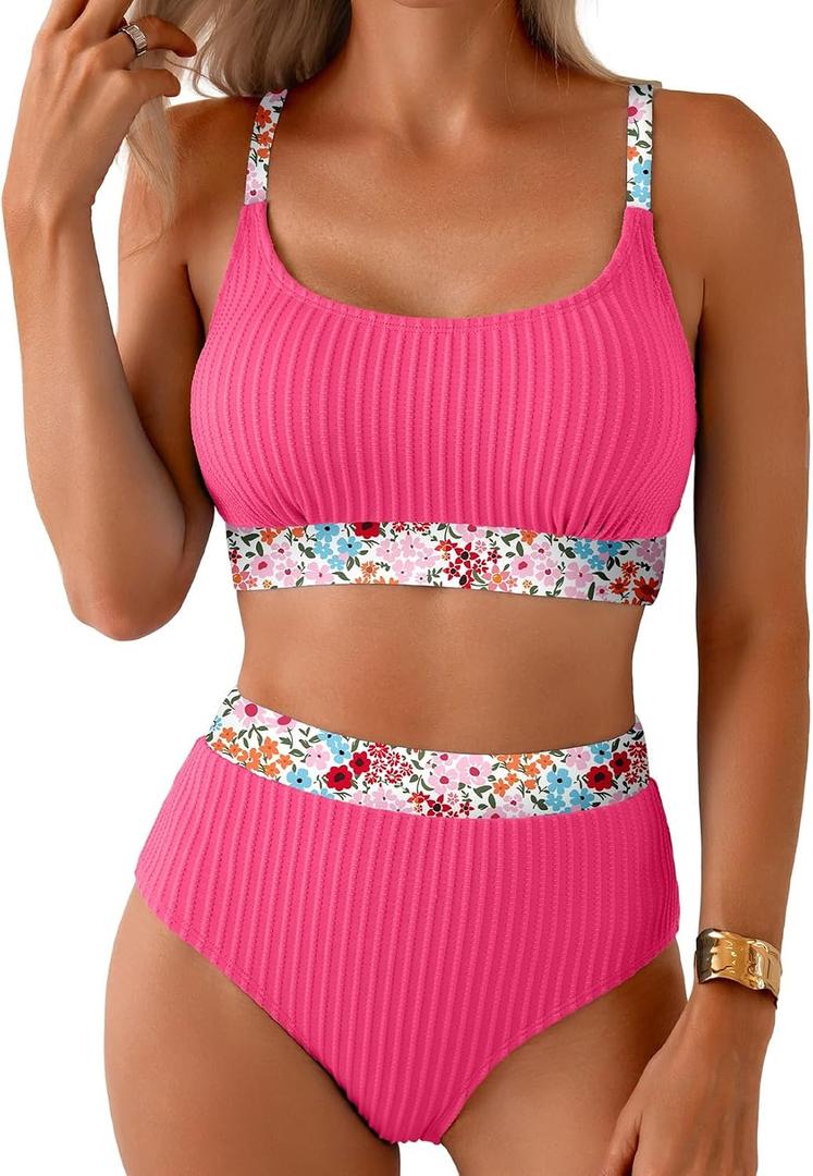Herseas Women's Textured Bikini Sets Floral Print Trim Scoop Neck Swimsuits High Waisted Bathing Suits X-Large