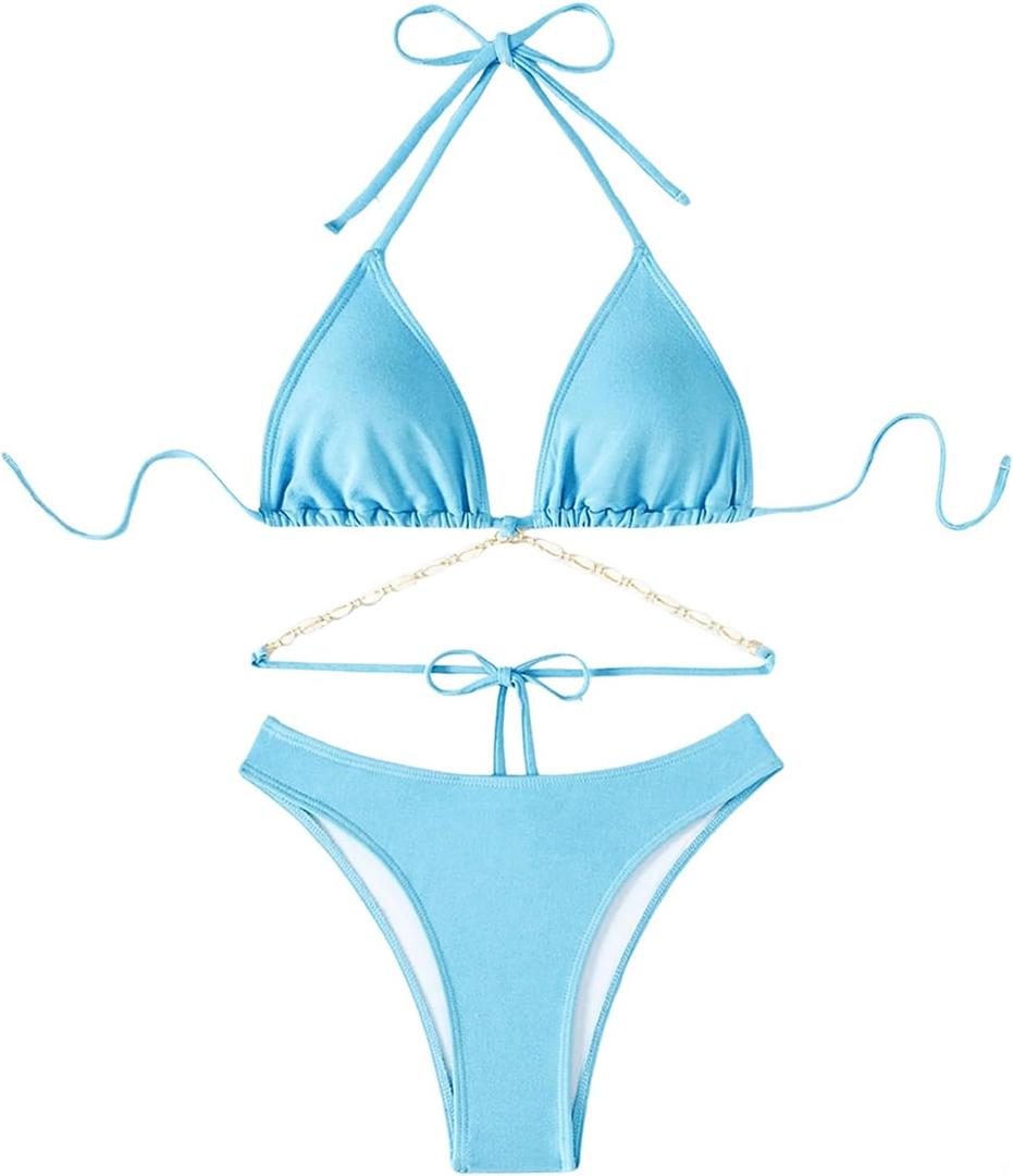 COZYEASE Women's 2 Piece Bikini Set Triangle Halter Tie Back Bathing Suit Set Shell Backless High Cut Swimsuit (Blue, L)