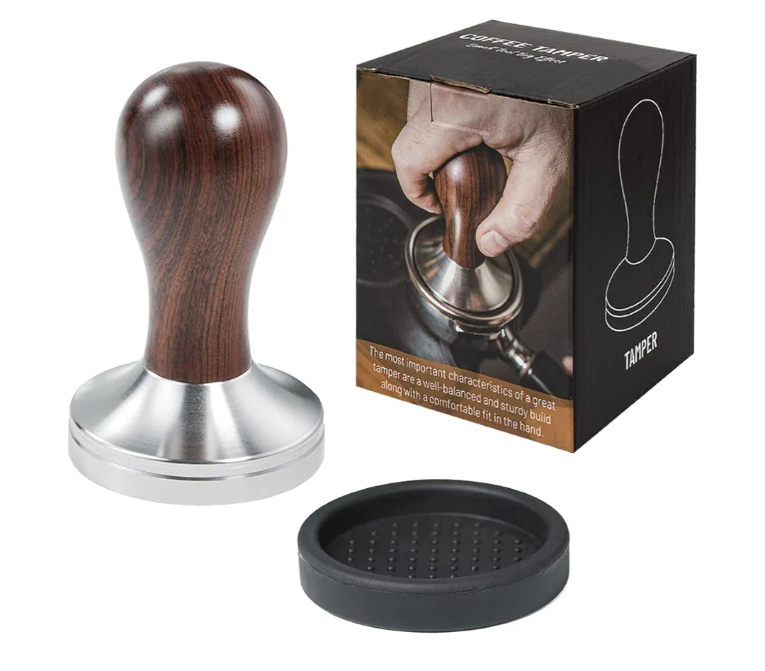 Coffee Tamper Espresso Press with Tamper Mat 304 Stainless Steel Flat Base Wooden Handle for Coffee Grounds Barista Espresso Machines Accessory (51MM
