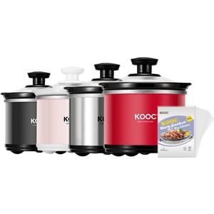 KOOC Small Slow Cooker, 0.65 Quart, Free Liners Included, Upgraded Ceramic Pot, Nutrient Loss Reduction, Sauces, Stews & Dips, Stainless Steel, Red, Round