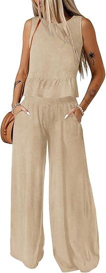 Dokotoo Pants Sets Women 2 Piece Outfits Sleeveless Round Neck Tank Tops Matching Sets for Women Elastic Waist Wide Leg
, Size S