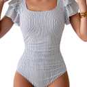 Eomenie Women's Tummy Control One Piece Swimsuit Ruffle Square Neck Bathing Suit Ruched Cutout Back Slimming Swimwear (L, Black White Stripes