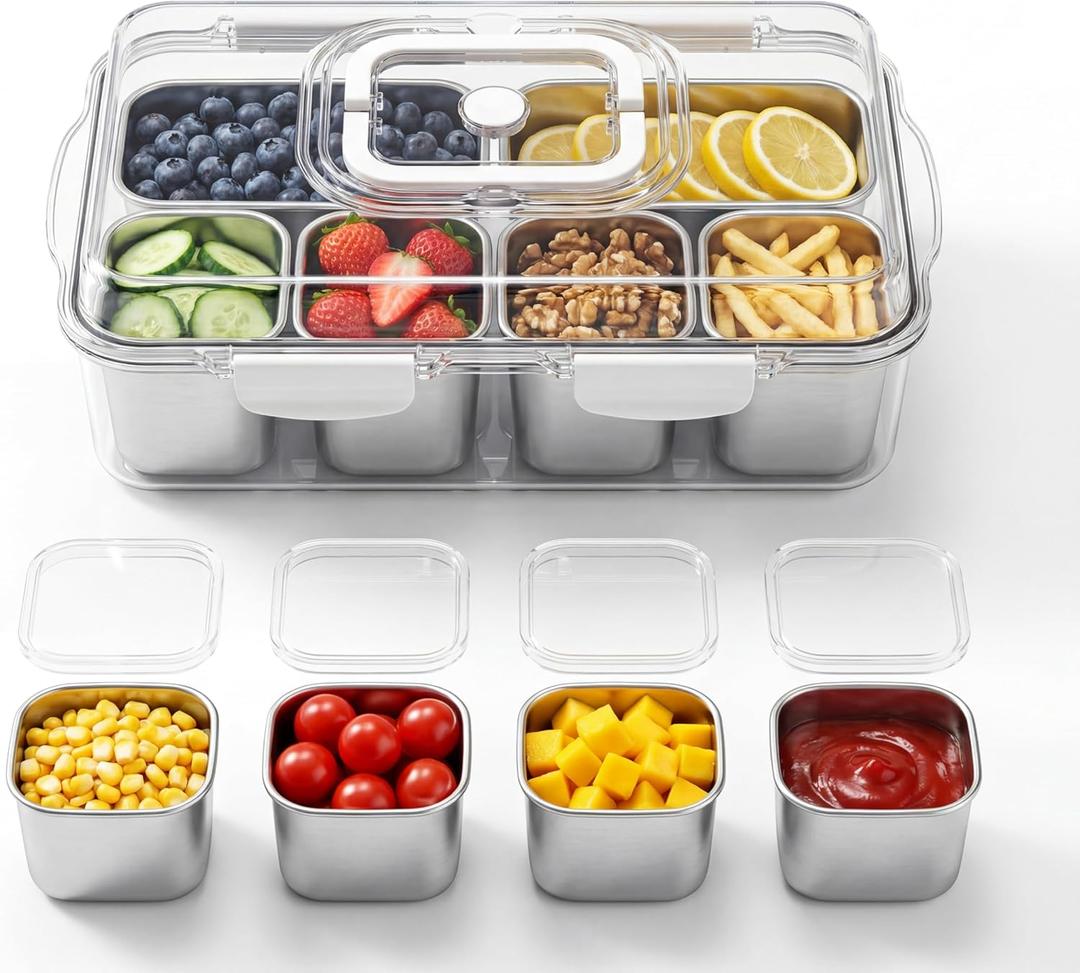 Snackle Box Container, 6-Compartment Stainless Steel Tray with Lid & Handle, Portable Divided Serving Platter for Fruit, Veggie, Candy - Perfect for Travel, Party, Beach