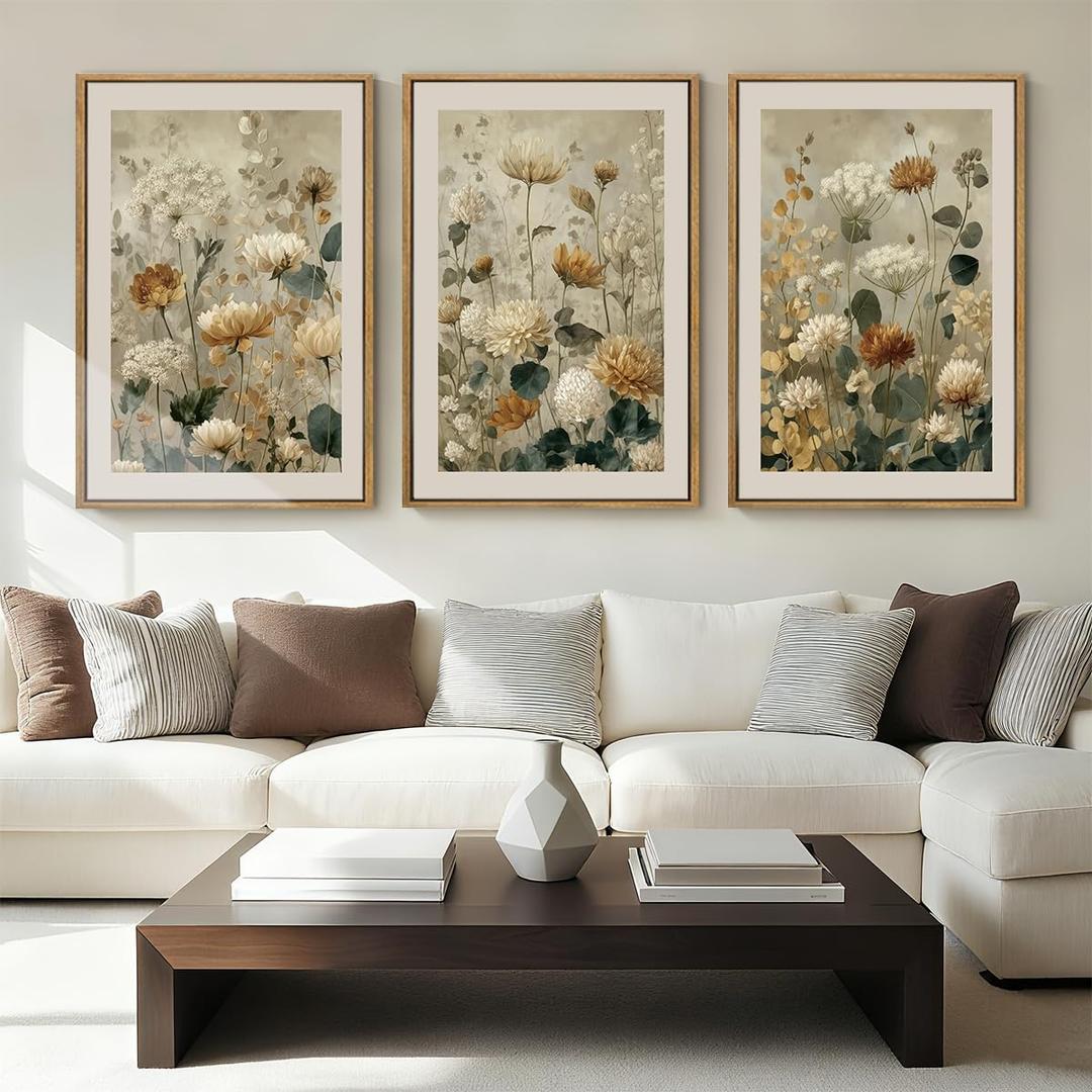 Anyzal Large Neutral Wildflower Framed Wall Art 16x24 Inch Vintage Classic Floral Canvas Wall Decor Mid-century Modern Botanical Art Prints for Living Room Bedroom Dining room