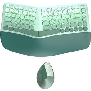 Ergonomic Wireless Keyboard and Mouse Combo with Wrist Rest, Curved Split Keys Clicky 84-Key Membrane Keyboard 6-Key Vertical Mouse Set for Win/Mac/PC/Laptop, AAA Batteries, Mint Green