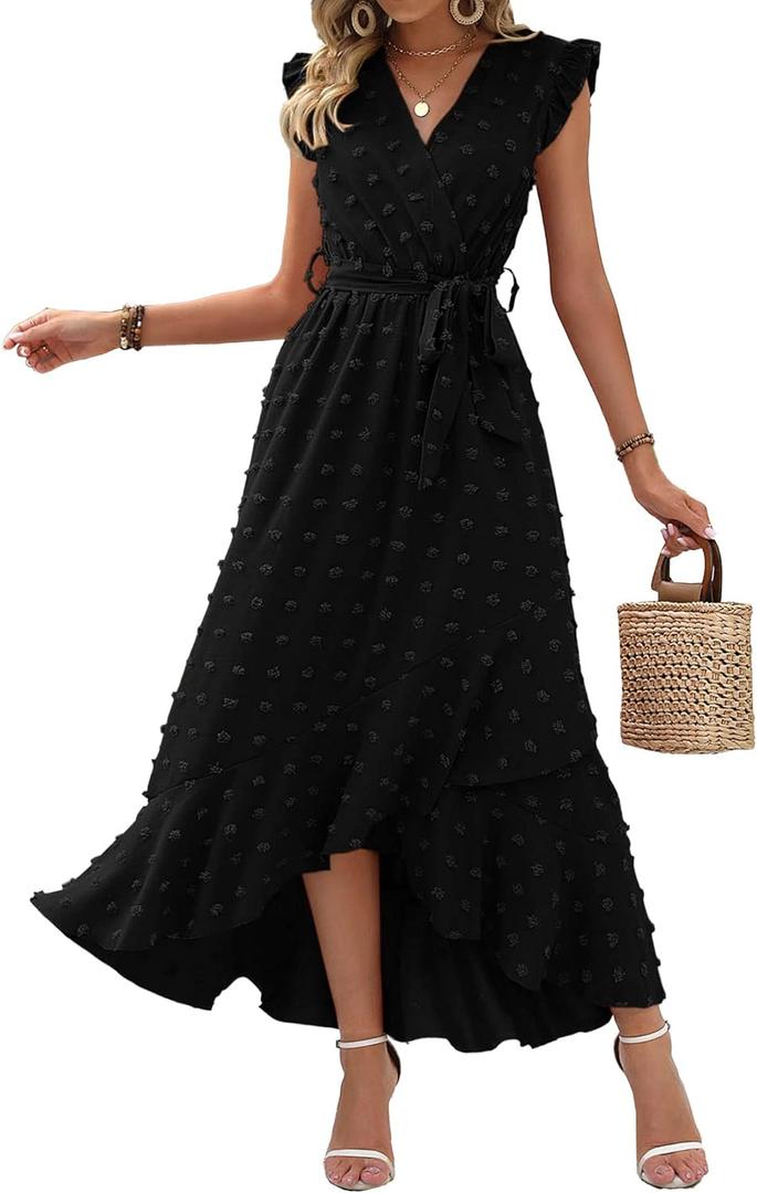 BTFBM Women V Neck Summer Dress 2025 Cap Sleeve Swiss Dot Boho Flowy Ruffle Slit Beach Party Long Maxi Cocktail Dresses (Large, Black)