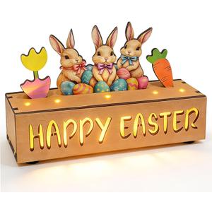 Happy Easter Decorations with LED Lights, Wooden Easter Decor Gifts for Table, Lighted Happy Easter Sign with Bunny, Carrots, Tulip and Easter Eggs, for Spring Mantel, Tiered Tray, Home Desk 8.6 inch