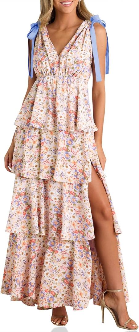 Wenrine Womens Summer Floral Maxi Dress Tie Strap Sleeveless V Neck High Slit Boho Ruffle Tiered Beach Dresses Violet, XL