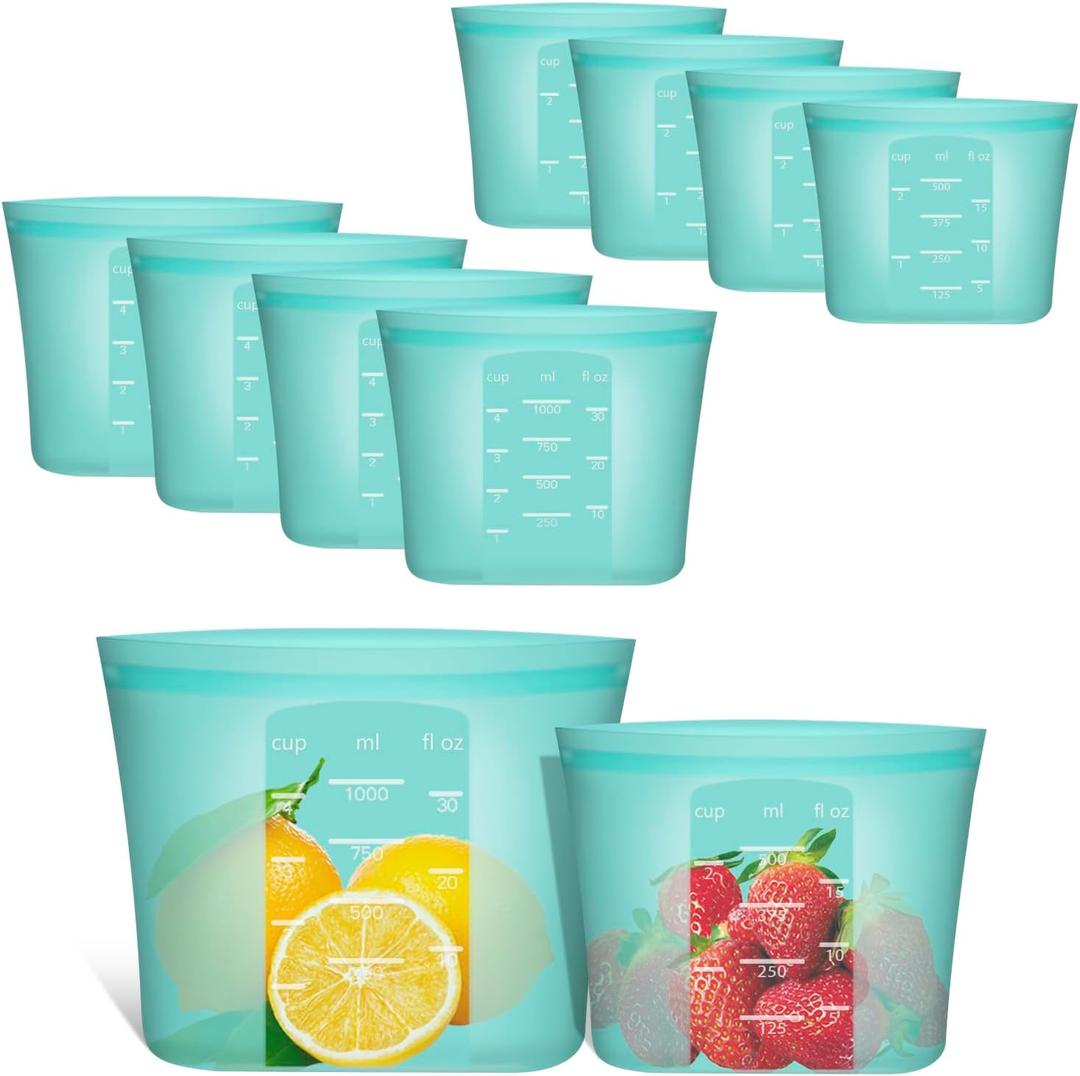 Reusable Sandwich & Snack Bags, 8 Pack 100% Silicone Food Storage Bags Stand Up Zip Lock for Food Container, Freezer Microwave Oven Dishwasher Safe, 4 Medium 4 Small, Aqua