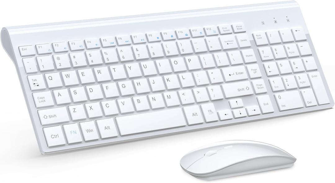 Wireless Keyboard and Mouse Ultra Slim Combo, TopMate 2.4G Silent Compact USB 2400DPI Mouse and Scissor Switch Keyboard Set with Cover, Batteries Included, for PC/Laptop/Windows/Mac - White