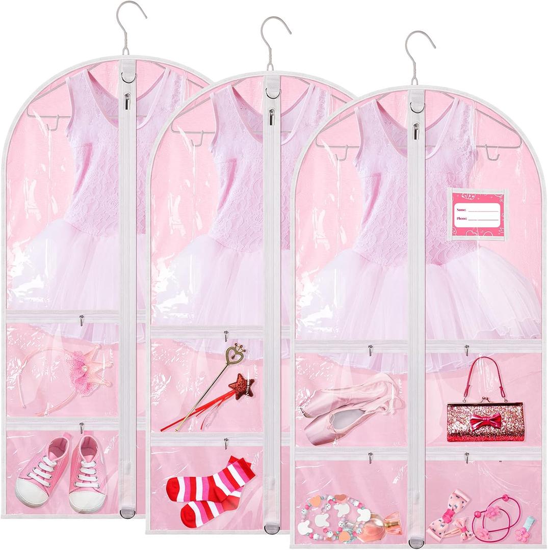 3 Pack Pink Dance Costume Garment Bag for dancers with 4 Zipper Pockets 38 x 22 Inch Kids Wardrobe Storage Bag Clear Window Garment Covers Recital Competition Bags for Girls Boys