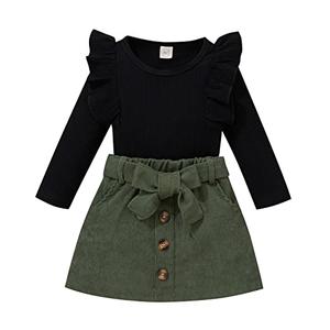 fhutpw Baby Toddler Girl Outfits Fall Winter Clothes Turtleneck Knitted Cotton Long Sleeves Tops & Button Mini Skirts Set, Size:90