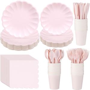 Newtay Light Pink Scalloped Paper Plates Shell Edge Disposable Tableware Cocktail Napkins Cups Plastic Spoons Forks Knives for Wedding Baby Shower Picnic Birthday Party Supply for 50 Guests