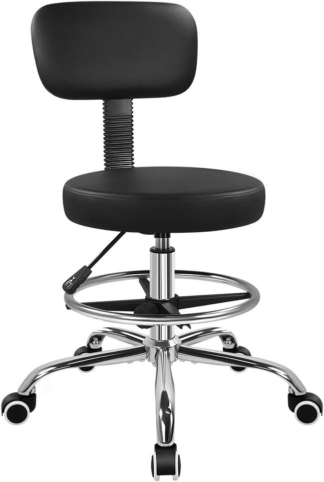 BFTOU Black Drafting Chair with Back Tall Adjustable Rolling Stool with Footrest Thick Seat Cushion Office Desk Chair for Shop Salon Bar Kitchen Studio Home