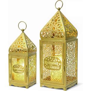 Ramadan Lanterns Gold Metal Islamic Fanous Hanging Candle Holder Decor for Ramadan & Eid, Eid Decorations for Home Table Window Porch, Large 14.6" & 11.4" Set of 2