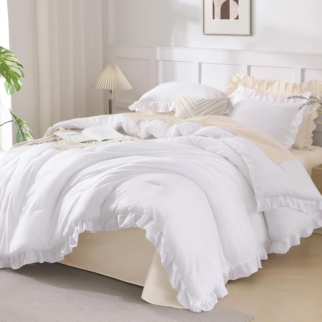 Andency King Size Comforter Set White, 3 Pieces Ruffle Farmhouse Shabby Chic Bedding Comforters & Sets, All Season Western Rustic Home Decor Soft Down Alternative Bed Set Gift for Girls Women (King (104"x90"))