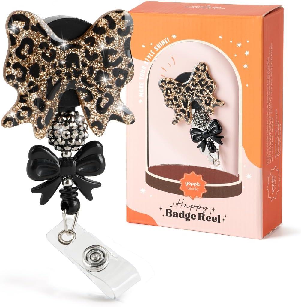 YOPPIX Leopard Bow Badge Reel, Coquette Bow Funny Sparkly Glitter Retractable Badge Reel for Nurses RN EN Doctor Paramedic Teachers Medical Office Womens