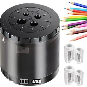 Heavy-Duty Electric Pencil Sharpener USB and Battery Power 4 Replacement Blades 4-Hole Adjustable for 6-12mm Art Pencils Large Capacity Automatic Pencil Sharpeners Black