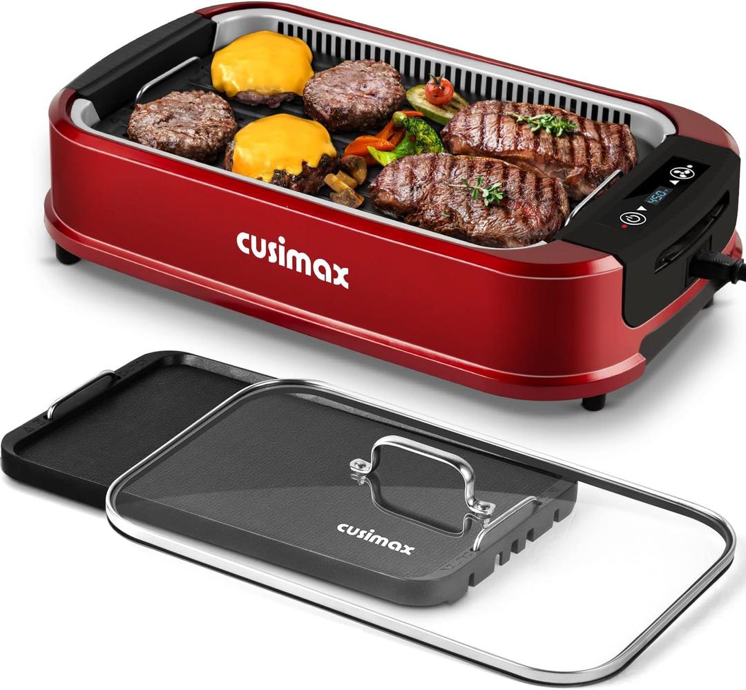 Indoor Grill, CUSIMAX Smokeless Grill Indoor, Electric Griddle, 1500W, Red
with Smart LED Display & Tempered Glass Lid, Non-stick Removable Plate & Griddle Plate, Adjustable Temperature, Easy Cleanup