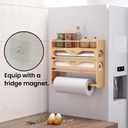 Wrap Dispenser with Cutter and Labels,4-in-1 Wall Mounted Bamboo Plastic Wrap Organizer with Spice shelf and Paper Towel Holder for Aluminum Foil,Cling Wrap,Wax,Parchment,Zipper BagsNatural