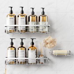 Shower Caddy, 3 Pack Shower Shelves for Inside Bathroom, Rustproof Adhesive Bathroom Organizer with Soap Holder, No Drilling Washroom Organizers and Storage for Tub Room/Kitchen/Home, Silver