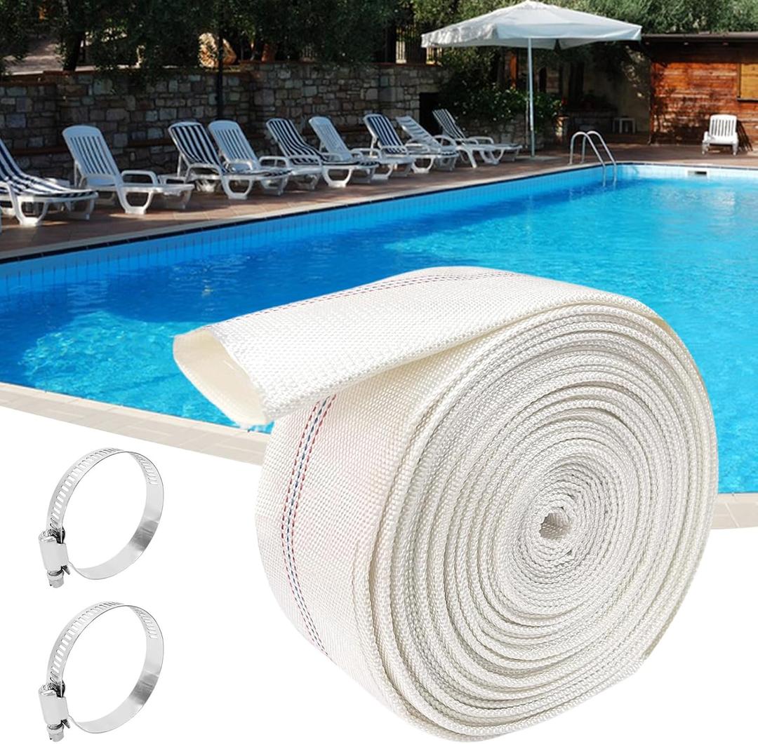 2 Inch x 50Ft Length Swimming Pool Backwash Hose Heavy Duty Drain Discharge Sailcloth Layflat Hose and 2 Adjustable Hose Clamp for Patio Garden Lawn Swimming Pool