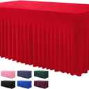 Table Skirt for 4 Foot Tables - One-Piece Red Tablecloths and Skirt, Wrinkle Resistant Ruffles Elastic Cover for Banquets, Weddings, Events, Parties