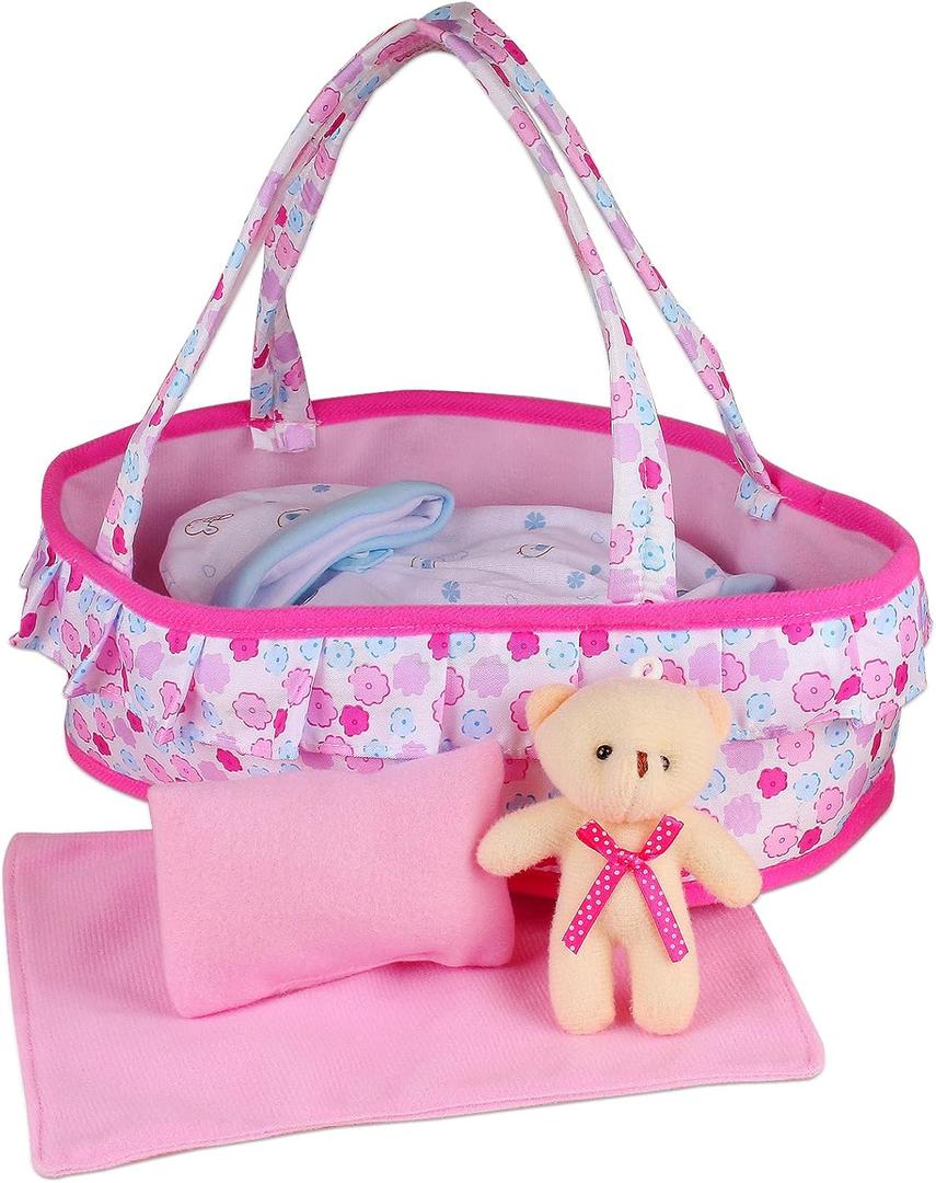 Young Buds Baby Doll Cradle Bassinet Portable Doll Carrier Carry Bag,Doll Accessories Playset,with Soft Pillow Quilt Blanket Bear