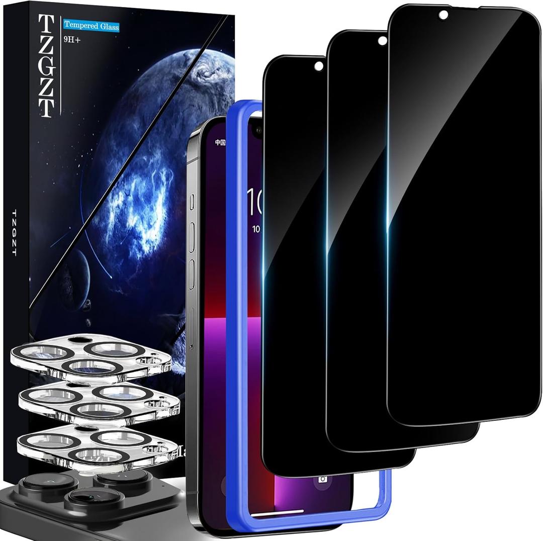 TZGZT [True 25 Peep-Proof] 3 Pack for iPhone 13 Pro Max Privacy Screen Protector, 3 Pack Camera Lens Protector Accessories, Tempered Glass Anti Spy Private Film Case Friendly, with Alignment Frame