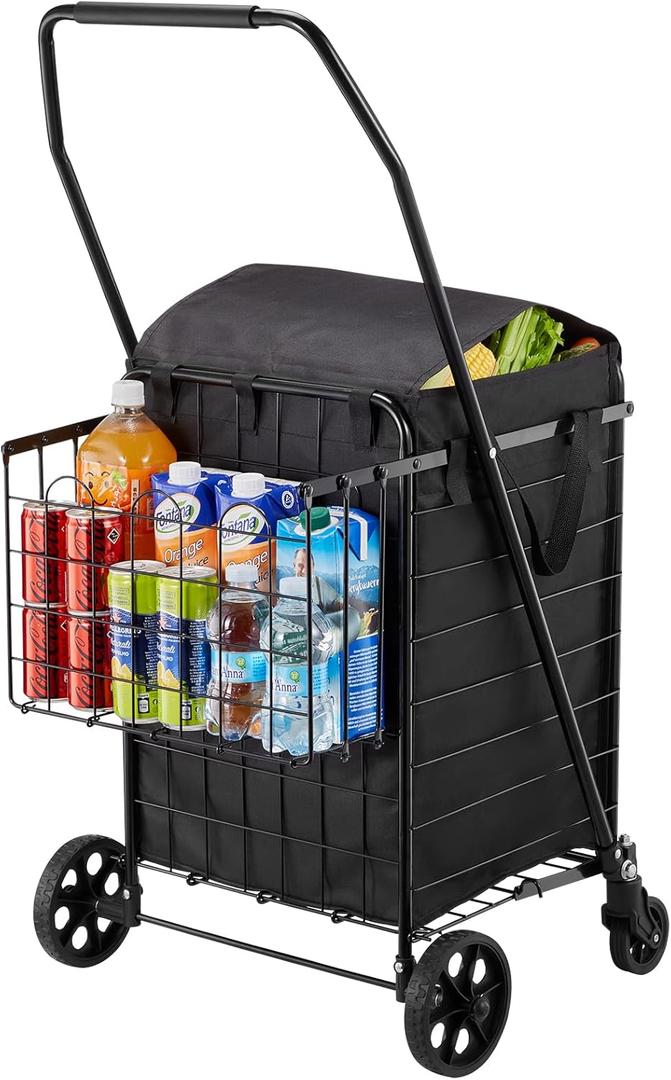 VEVOR Shopping Cart, Folding Grocery Utility Cart with Dual Baskets, Waterproof Liner & Wheels, 100 LBS Large Load Capacity, Heavy Duty Laundry Basket for Laundry, Shopping, Camping, Grocery, Luggage (Medium)