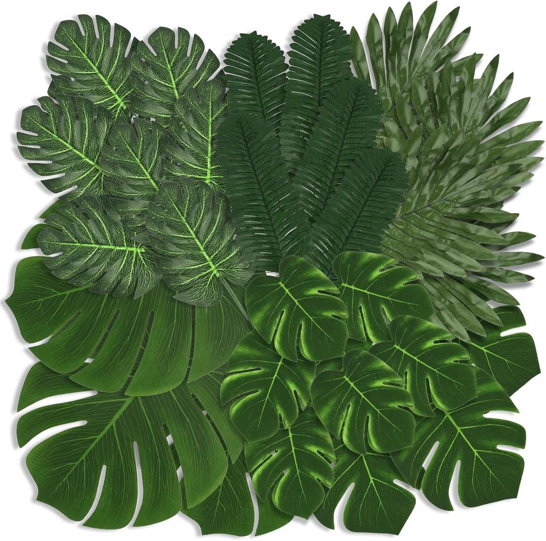 Palm Leaves, 108 Pcs 6 Kinds Artificial Palm Leaves Monstera Tropical Leaves Decor, Green Leaves for Jungle Hawaiian Luau Safari Party Table Wedding Birthday Theme Party Decorations