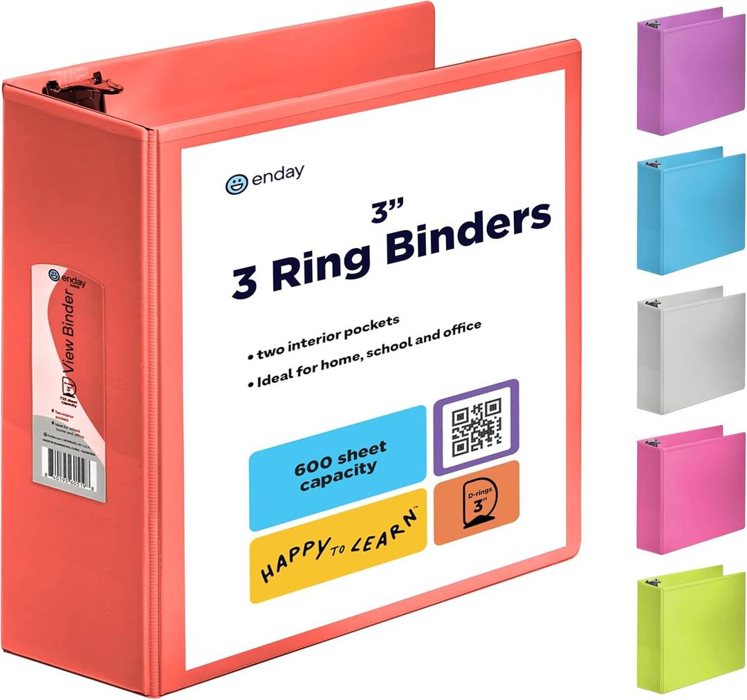 3 Inch Binder 3 Ring Binders Red, Slant D-Ring 3 Clear View Cover with 2 Inside Pockets, Heavy Duty Colored School Supplies Office and Home Binders  by Enday