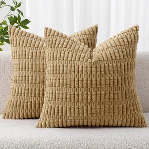 MIULEE Pack of 2 Corduroy Decorative Throw Pillow Covers 18x18 Inch Soft Boho Striped Pillow Covers Modern Farmhouse Home Decor for Sofa Living Room Couch Bed Khaki