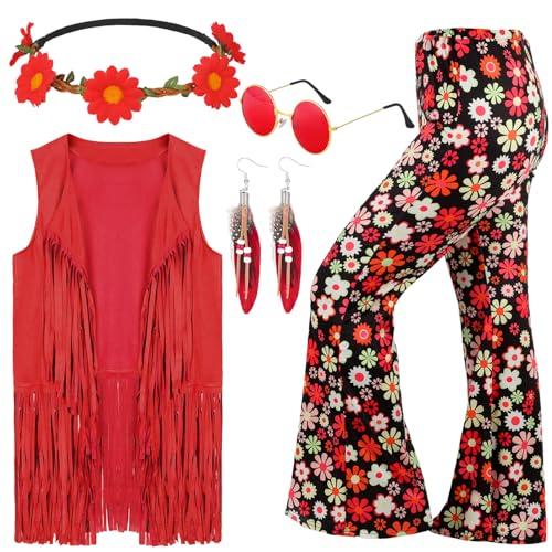 Leumoi 5 Pcs 60s 70s Costume for Women Disco Outfits Hippie Accessories Fringe Vest Boho Flared Pant for Mardi Gras Carnival(X-Large,Red)