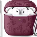 Lerobo Case Cover for Airpods 4, Flower Engraved Silicone, Full Protective, Shockproof, Anti-dust, with Cleaner Kit & Keychain, Compatible with Apple Airpods 4 Case for Women, Purplish Red